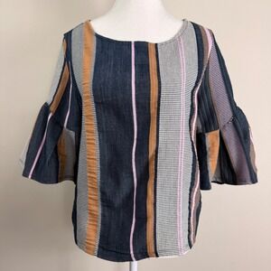 Dolan Left Coast Collection Womens Small Striped Bell Sleeve Boat Neck Top Navy